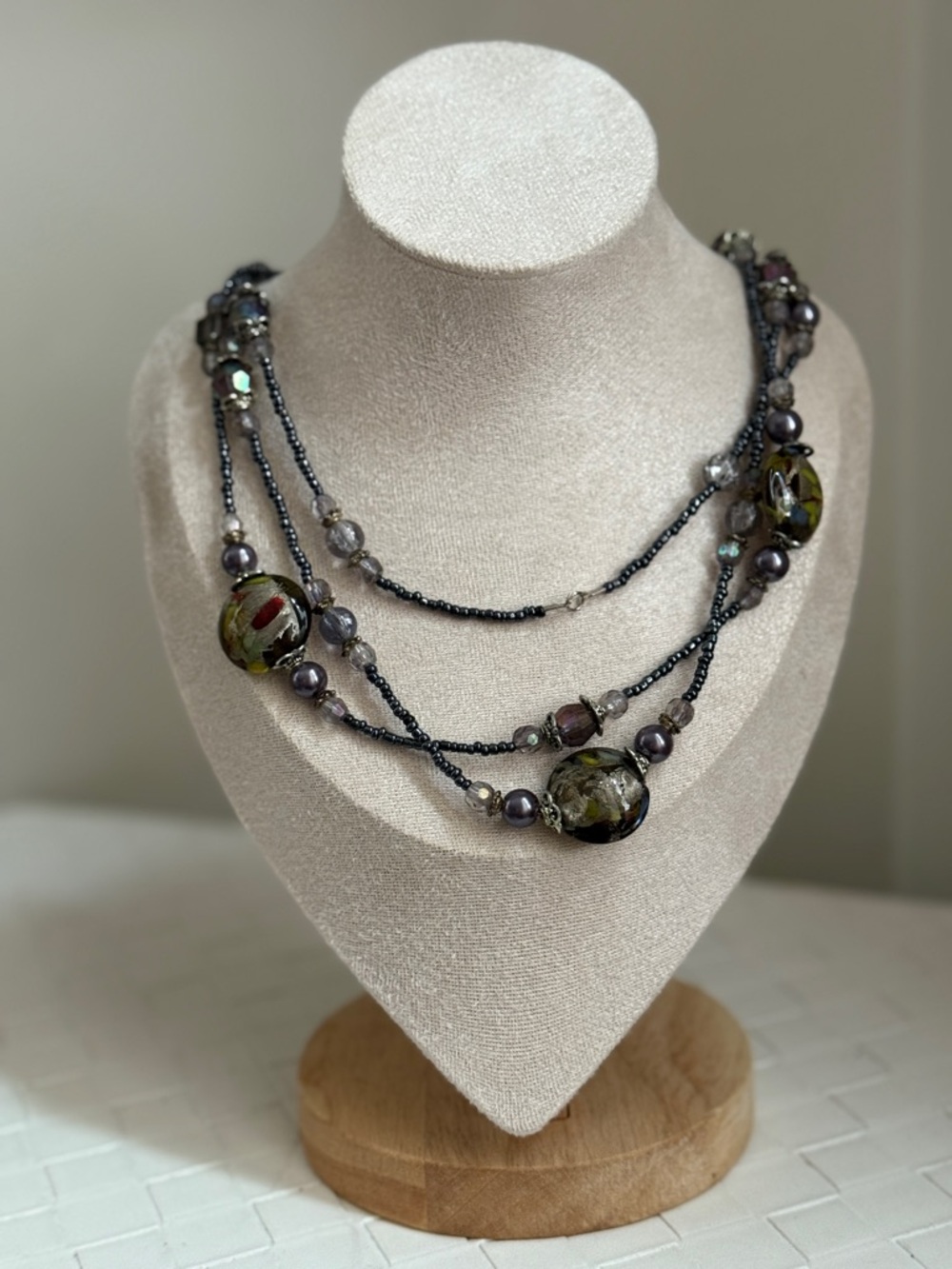 64" XL Infinite Rope Necklace Venetian Style Foil Glass Gunmetal Seed Beads